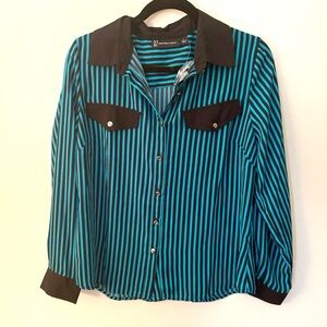 New York & Company Black and Teal Striped Women's Button Down Shirt
